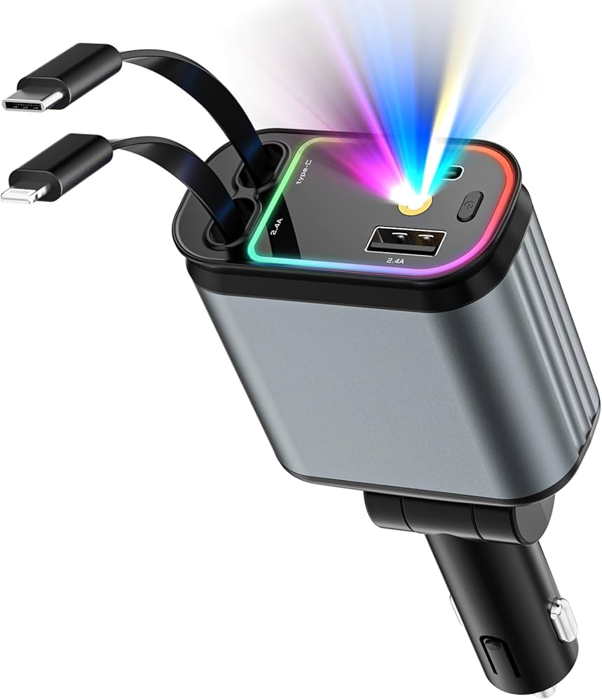 4 in 1 Fast Car Charger with LED Ambient Light, Dual USB Car Charger with starlight | Adnan Tech