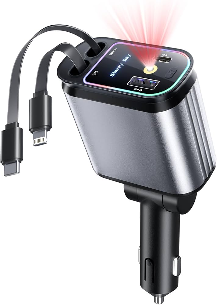 4 in 1 Fast Car Charger with LED Ambient Light, Dual USB Car Charger with starlight | Adnan Tech