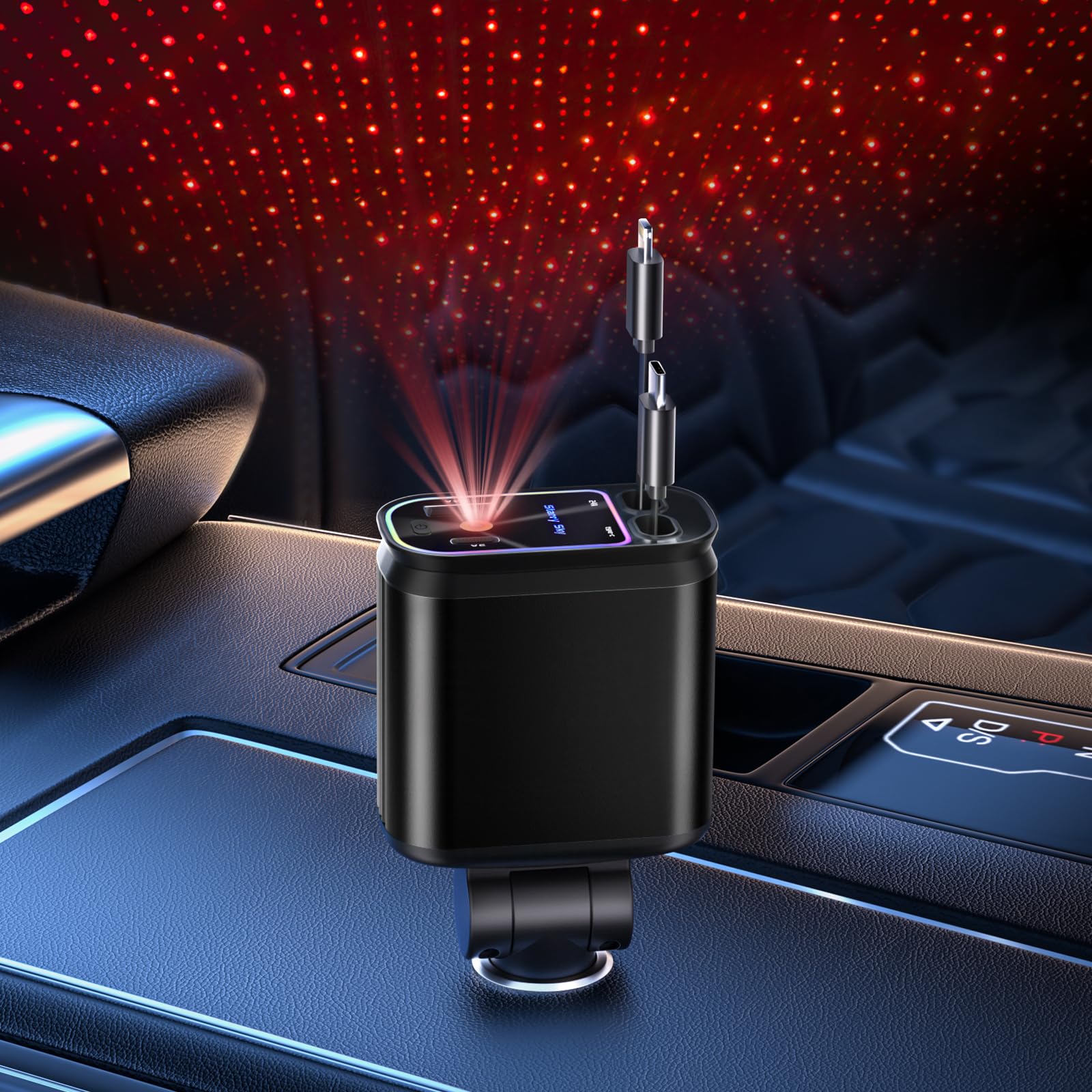 4 in 1 Fast Car Charger with LED Ambient Light, Dual USB Car Charger with starlight | Adnan Tech