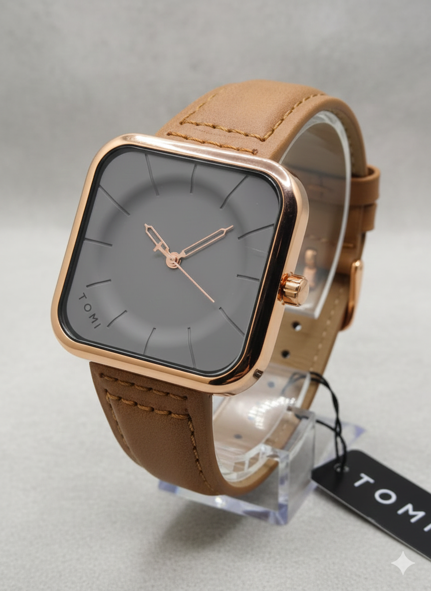 Tomi T093 Square Dial Analog Watch for Men & Women – Brown Leather Strap | Adnan Tech