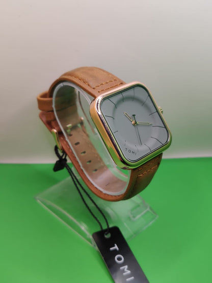 Tomi T093 Square Dial Analog Watch for Men & Women – Brown Leather Strap | Adnan Tech