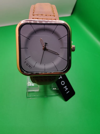 Tomi T093 Square Dial Analog Watch for Men & Women – Brown Leather Strap | Adnan Tech