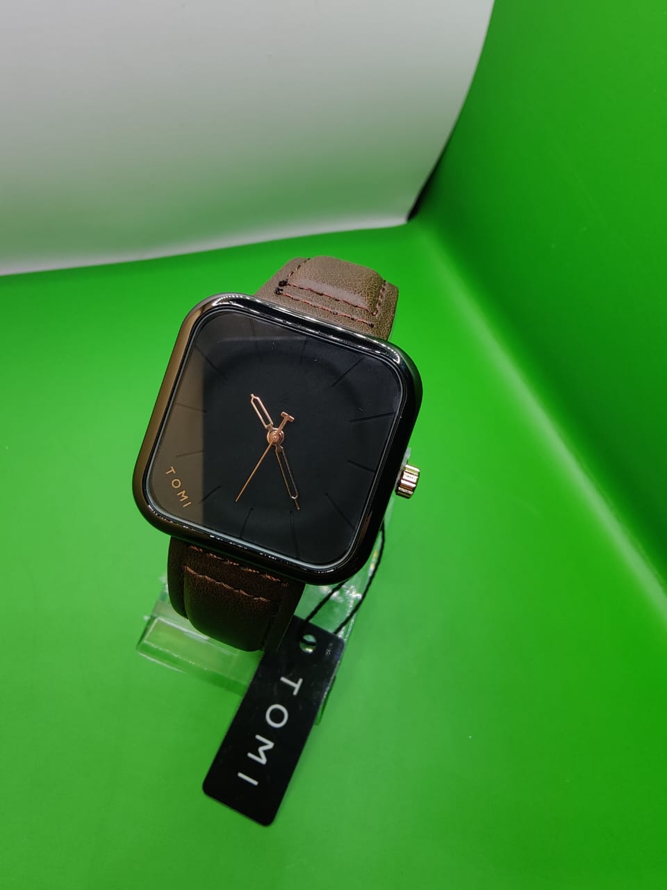 Tomi T093 Square Dial Analog Watch for Men & Women – Brown Leather Strap | Adnan Tech