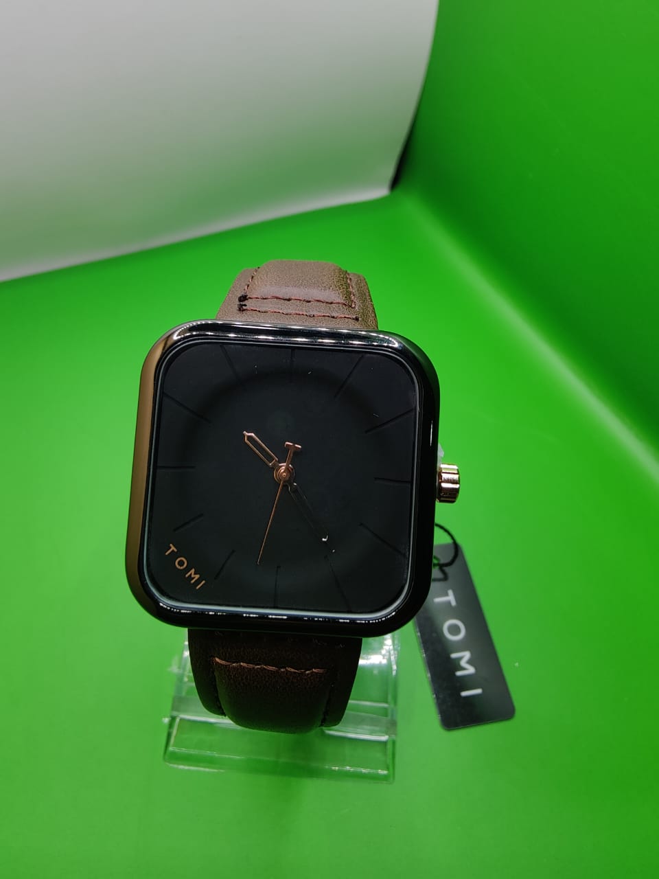 Tomi T093 Square Dial Analog Watch for Men & Women – Brown Leather Strap | Adnan Tech