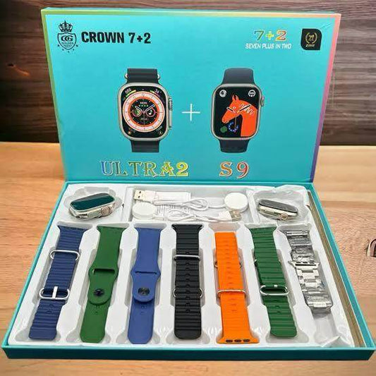 Crown 7 + 2 Smart Watch Ultra 2 and S9 Smart Watch - 7 Attractive Straps - 2 Dial Ultra 2 and S9 Smart Watch - Stile Gadget